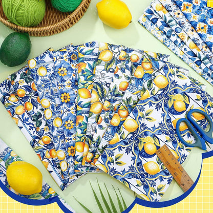 16pcs 18 x 22 Inch Chinoiserie Lemon Quilting Fabric Bundles Blue White Yellow Fat Squares Patchwork Porcelain Floral Precut Strips Fabric Materials for Holiday Crafting DIY Craft Sewing