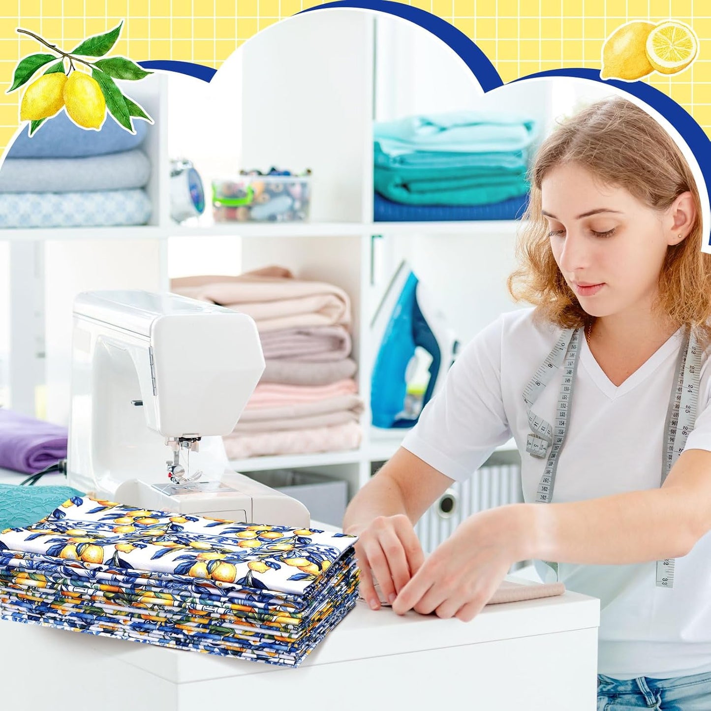 16pcs 18 x 22 Inch Chinoiserie Lemon Quilting Fabric Bundles Blue White Yellow Fat Squares Patchwork Porcelain Floral Precut Strips Fabric Materials for Holiday Crafting DIY Craft Sewing