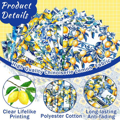 16pcs 18 x 22 Inch Chinoiserie Lemon Quilting Fabric Bundles Blue White Yellow Fat Squares Patchwork Porcelain Floral Precut Strips Fabric Materials for Holiday Crafting DIY Craft Sewing