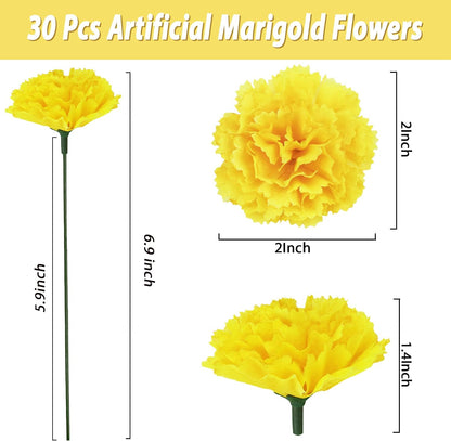 30 Pcs Artificial Marigold Flowers,2" Silk Marigold Flower Heads with Stems,Yellow Flowers Artificial for Diwali Decor,Indian Wedding,Home,DIY Wreath Garland,Day of The Dead Decorations