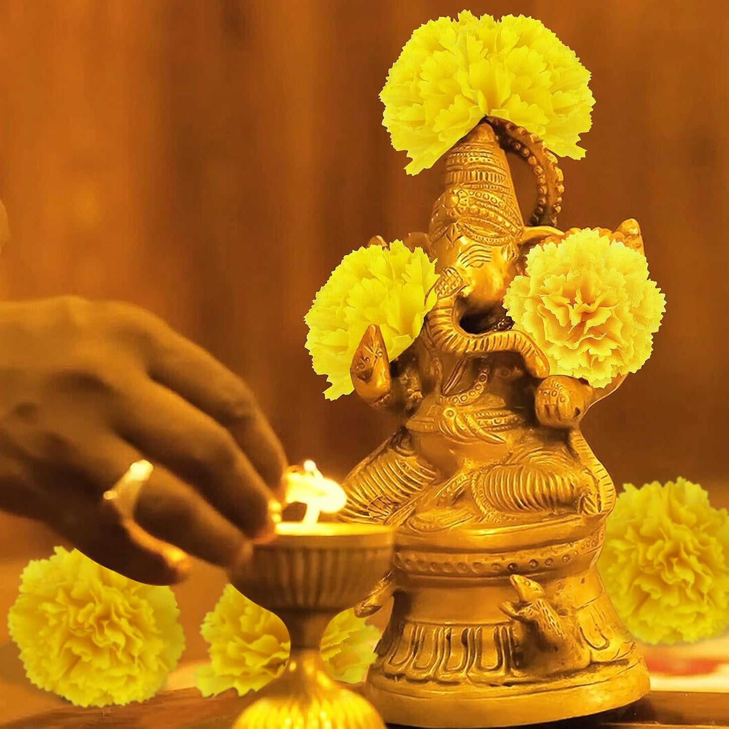 30 Pcs Artificial Marigold Flowers,2" Silk Marigold Flower Heads with Stems,Yellow Flowers Artificial for Diwali Decor,Indian Wedding,Home,DIY Wreath Garland,Day of The Dead Decorations