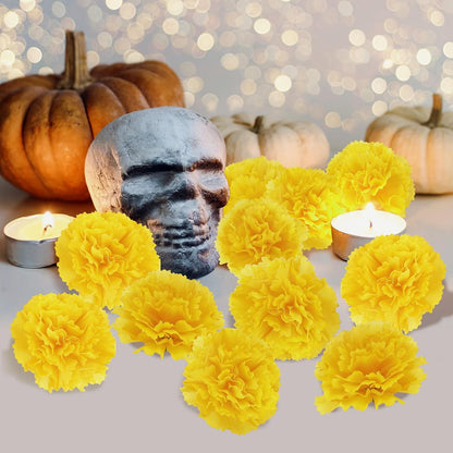 30 Pcs Artificial Marigold Flowers,2" Silk Marigold Flower Heads with Stems,Yellow Flowers Artificial for Diwali Decor,Indian Wedding,Home,DIY Wreath Garland,Day of The Dead Decorations