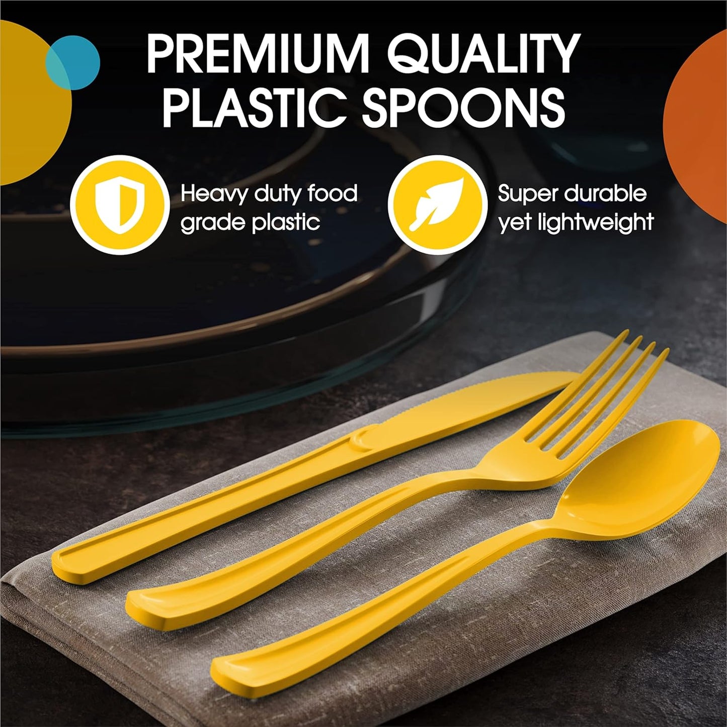Yellow Plastic Spoons 50 Pieces Yellow Spoons Disposable Utensils Heavy Duty Plastic Cutlery Set Disposable Cutlery Sets Flatware Sets Silverware Set For Party Supplies & Party Tableware