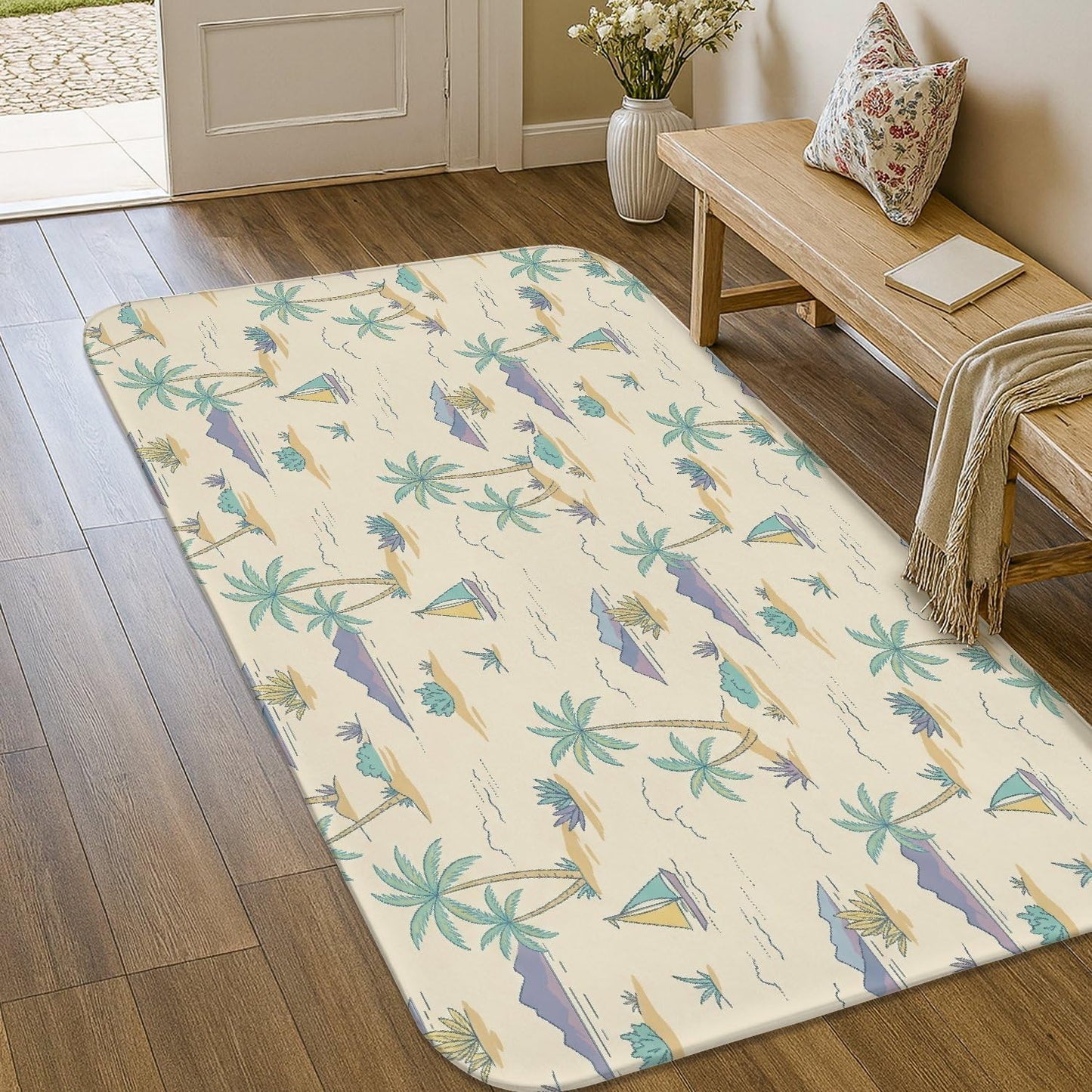 Palm Trees Area Rug, Tropical Casual Sailboats Mountains Summer Light Yellow Low Pile Sponge Doormat Accents Rug Fade Resistant Bathroom Entryway Bedside Laundry Room Decor 3' X 5'