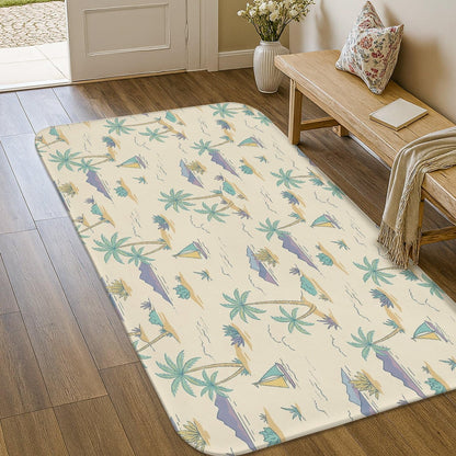 Palm Trees Area Rug, Tropical Casual Sailboats Mountains Summer Light Yellow Low Pile Sponge Doormat Accents Rug Fade Resistant Bathroom Entryway Bedside Laundry Room Decor 3' X 5'