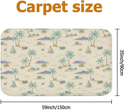 Palm Trees Area Rug, Tropical Casual Sailboats Mountains Summer Light Yellow Low Pile Sponge Doormat Accents Rug Fade Resistant Bathroom Entryway Bedside Laundry Room Decor 3' X 5'
