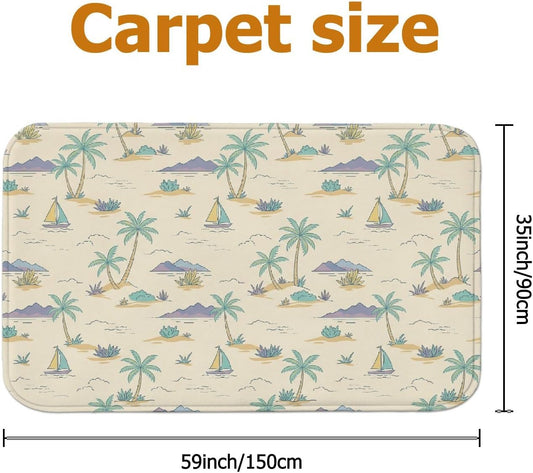 Palm Trees Area Rug, Tropical Casual Sailboats Mountains Summer Light Yellow Low Pile Sponge Doormat Accents Rug Fade Resistant Bathroom Entryway Bedside Laundry Room Decor 3' X 5'