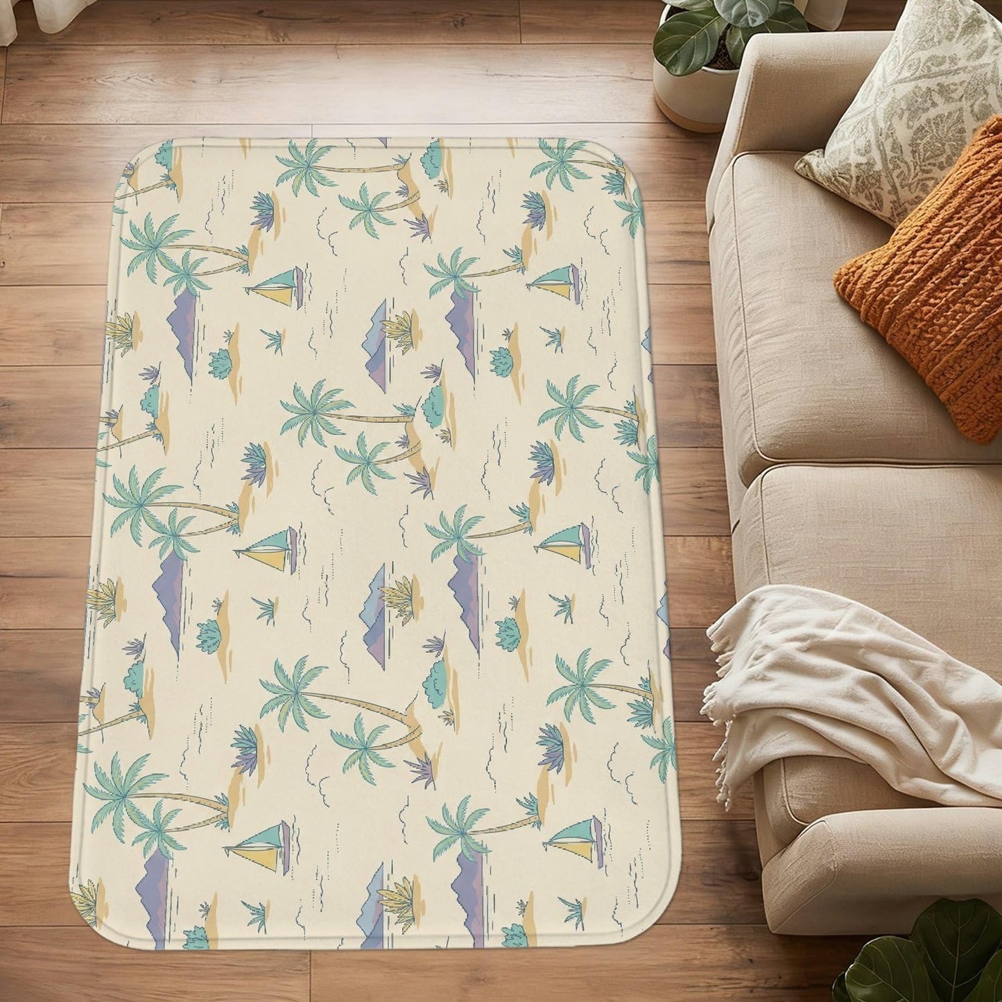 Palm Trees Area Rug, Tropical Casual Sailboats Mountains Summer Light Yellow Low Pile Sponge Doormat Accents Rug Fade Resistant Bathroom Entryway Bedside Laundry Room Decor 3' X 5'