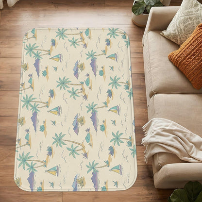 Palm Trees Area Rug, Tropical Casual Sailboats Mountains Summer Light Yellow Low Pile Sponge Doormat Accents Rug Fade Resistant Bathroom Entryway Bedside Laundry Room Decor 3' X 5'