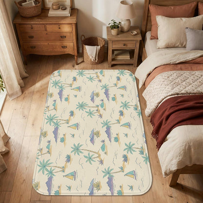 Palm Trees Area Rug, Tropical Casual Sailboats Mountains Summer Light Yellow Low Pile Sponge Doormat Accents Rug Fade Resistant Bathroom Entryway Bedside Laundry Room Decor 3' X 5'