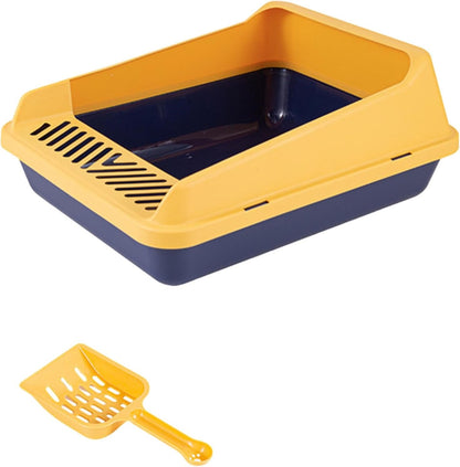 Cat Litter Tray Open Box with High Sides Pet Litter Pan Tray with Scooper PP Material Suitable for Indoor Cats and Small Animals, S Blue Yellow