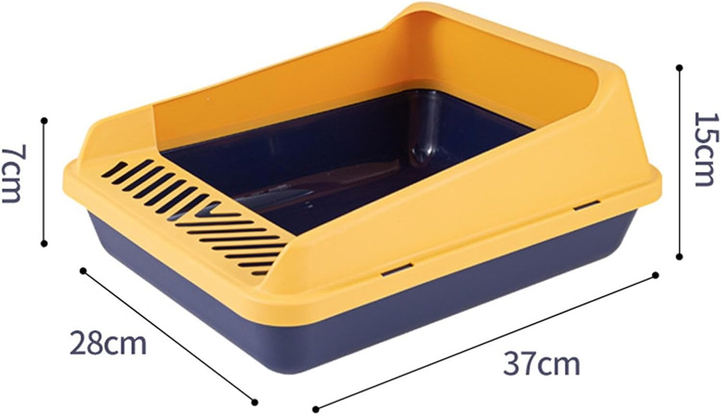 Cat Litter Tray Open Box with High Sides Pet Litter Pan Tray with Scooper PP Material Suitable for Indoor Cats and Small Animals, S Blue Yellow