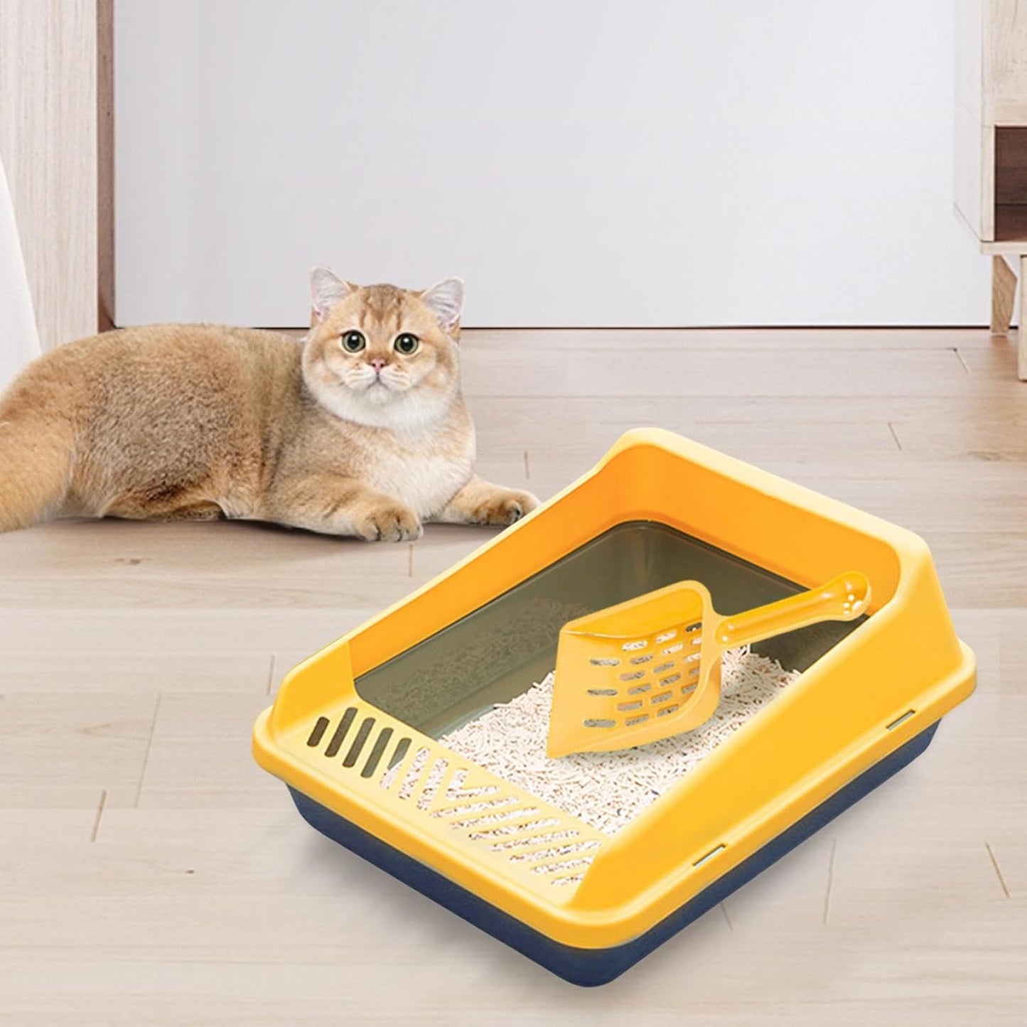 Cat Litter Tray Open Box with High Sides Pet Litter Pan Tray with Scooper PP Material Suitable for Indoor Cats and Small Animals, S Blue Yellow