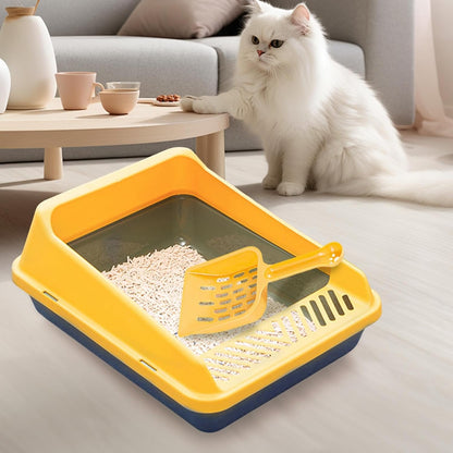 Cat Litter Tray Open Box with High Sides Pet Litter Pan Tray with Scooper PP Material Suitable for Indoor Cats and Small Animals, S Blue Yellow