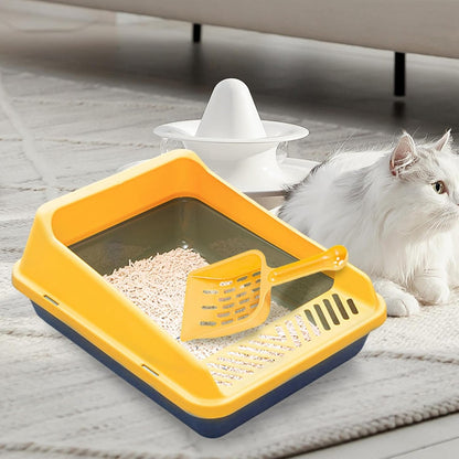 Cat Litter Tray Open Box with High Sides Pet Litter Pan Tray with Scooper PP Material Suitable for Indoor Cats and Small Animals, S Blue Yellow