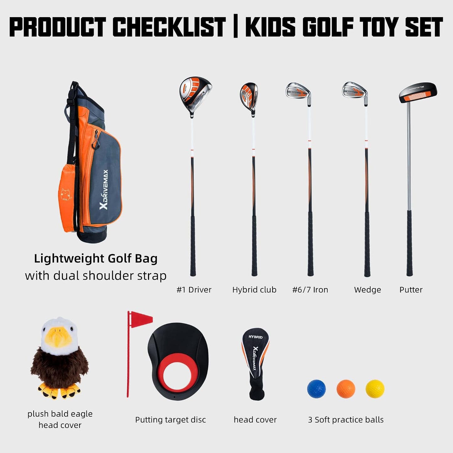 Junior Golf Clubs Set for Toddlers Kids Ages 3-8 (Height 36"-51") - Right & Left Hand - 4/6 Piece Set with Cartoon Headcovers, Practice Balls & Training Accessories