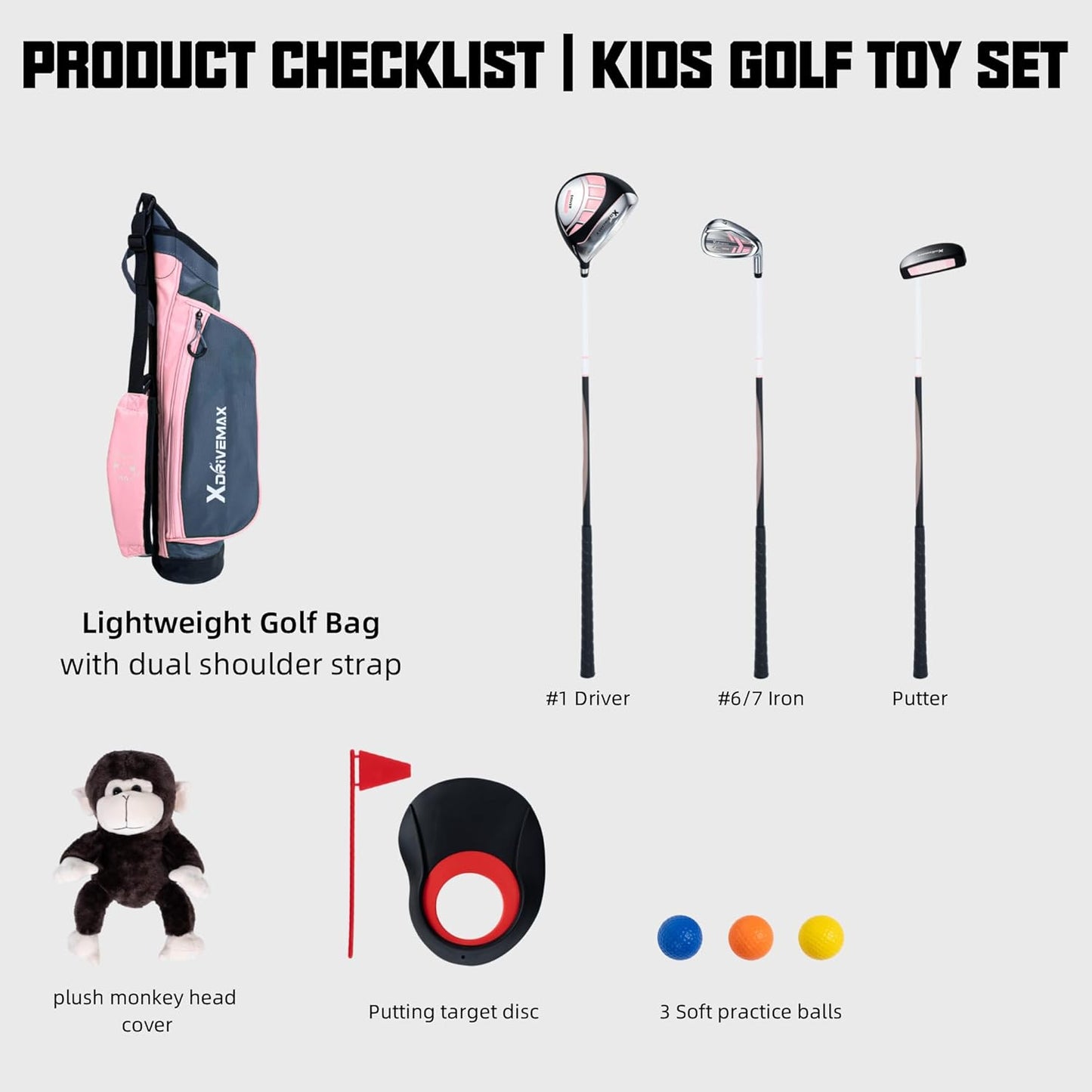 Junior Golf Clubs Set for Toddlers Kids Ages 3-8 (Height 36"-51") - Right & Left Hand - 4/6 Piece Set with Cartoon Headcovers, Practice Balls & Training Accessories