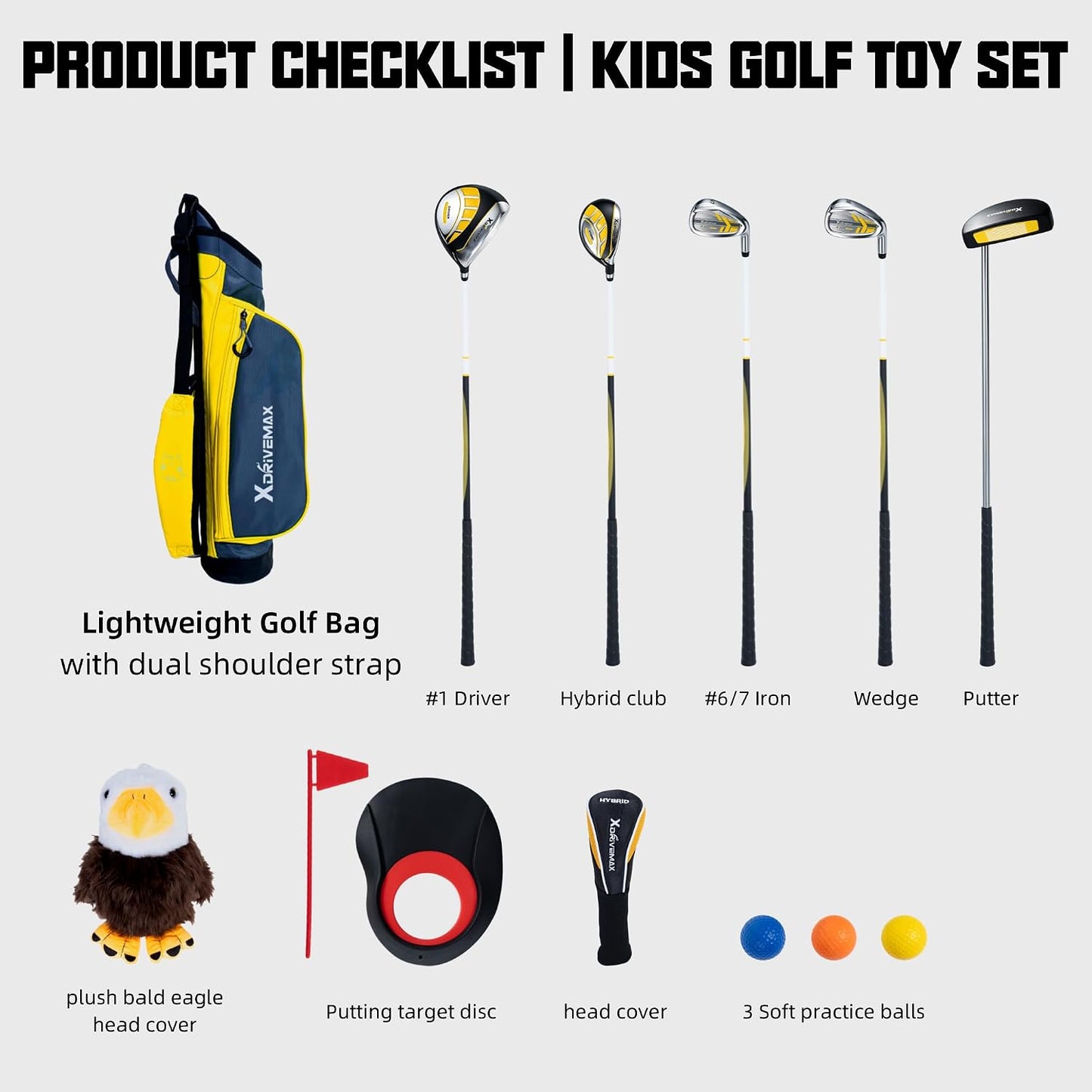 Junior Golf Clubs Set for Toddlers Kids Ages 3-8 (Height 36"-51") - Right & Left Hand - 4/6 Piece Set with Cartoon Headcovers, Practice Balls & Training Accessories