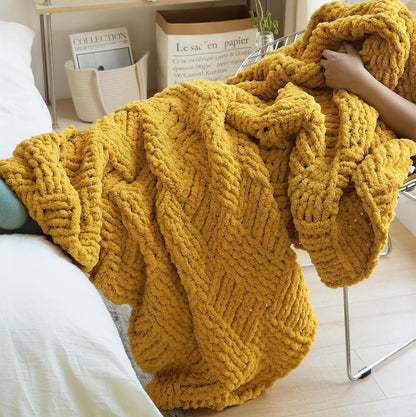 Chunky Knitted Throw Blanket,Chenille Manual Weaving Blanket,Warm and Soft Plush Grid Bed Scarf Foot Blanket for Couch Modern Style Home Decor White 60x80 Inches (Yellow, 47 x 47)