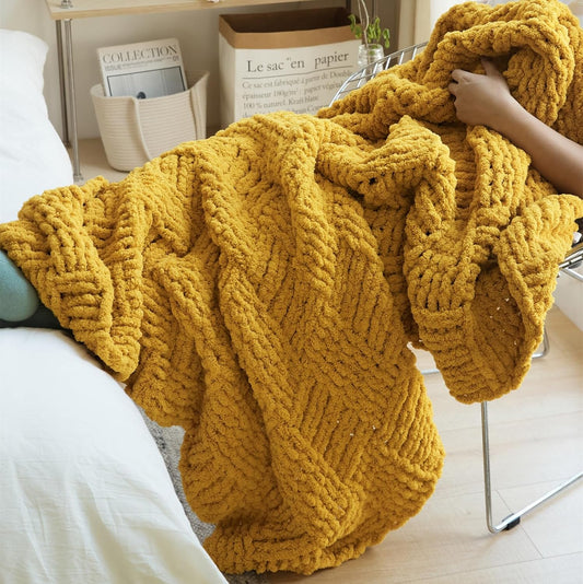 Chunky Knitted Throw Blanket,Chenille Manual Weaving Blanket,Warm and Soft Plush Grid Bed Scarf Foot Blanket for Couch Modern Style Home Decor White 60x80 Inches (Yellow, 47 x 47)
