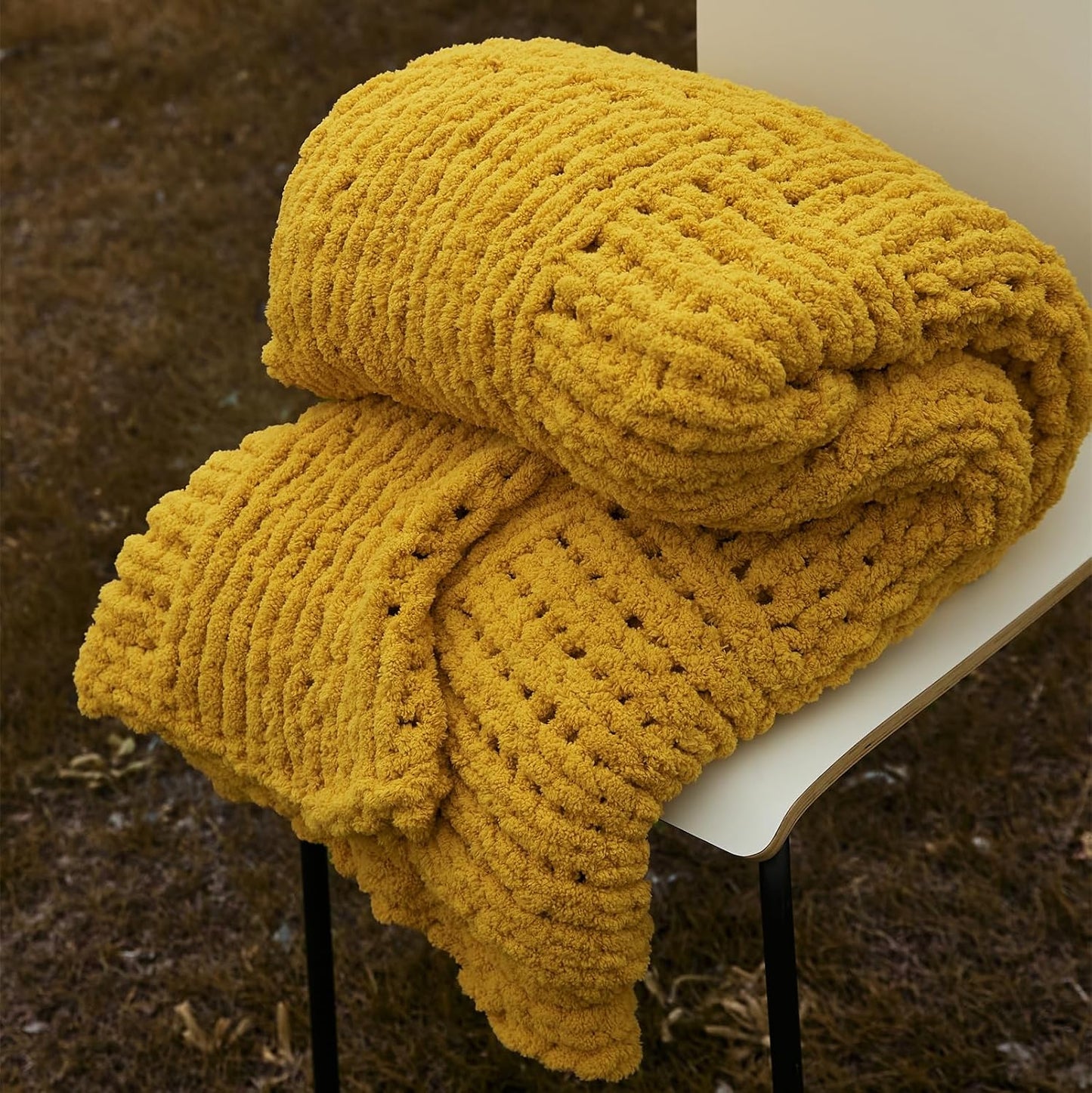 Chunky Knitted Throw Blanket,Chenille Manual Weaving Blanket,Warm and Soft Plush Grid Bed Scarf Foot Blanket for Couch Modern Style Home Decor White 60x80 Inches (Yellow, 47 x 47)