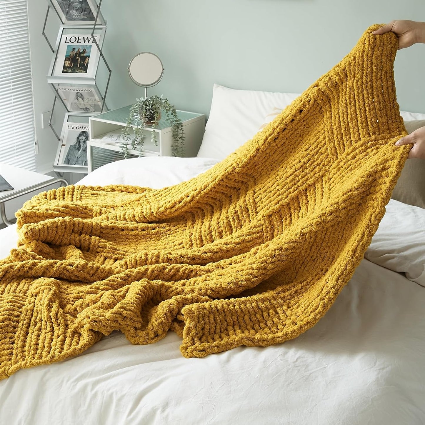 Chunky Knitted Throw Blanket,Chenille Manual Weaving Blanket,Warm and Soft Plush Grid Bed Scarf Foot Blanket for Couch Modern Style Home Decor White 60x80 Inches (Yellow, 47 x 47)