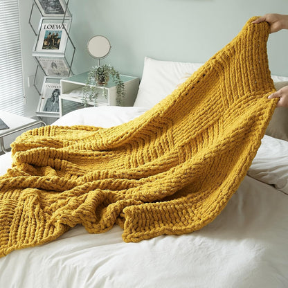 Chunky Knitted Throw Blanket,Chenille Manual Weaving Blanket,Warm and Soft Plush Grid Bed Scarf Foot Blanket for Couch Modern Style Home Decor White 60x80 Inches (Yellow, 47 x 47)