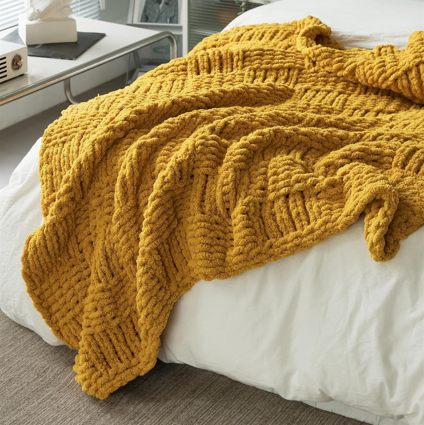 Chunky Knitted Throw Blanket,Chenille Manual Weaving Blanket,Warm and Soft Plush Grid Bed Scarf Foot Blanket for Couch Modern Style Home Decor White 60x80 Inches (Yellow, 47 x 47)
