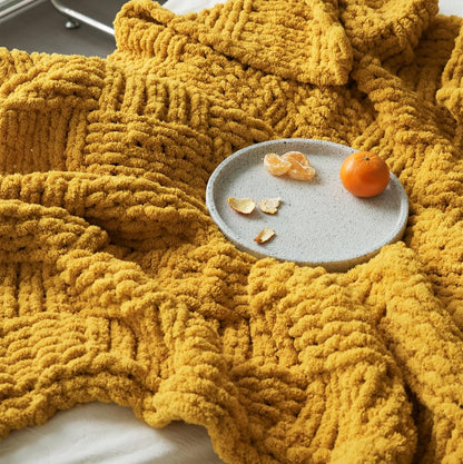 Chunky Knitted Throw Blanket,Chenille Manual Weaving Blanket,Warm and Soft Plush Grid Bed Scarf Foot Blanket for Couch Modern Style Home Decor White 60x80 Inches (Yellow, 47 x 47)