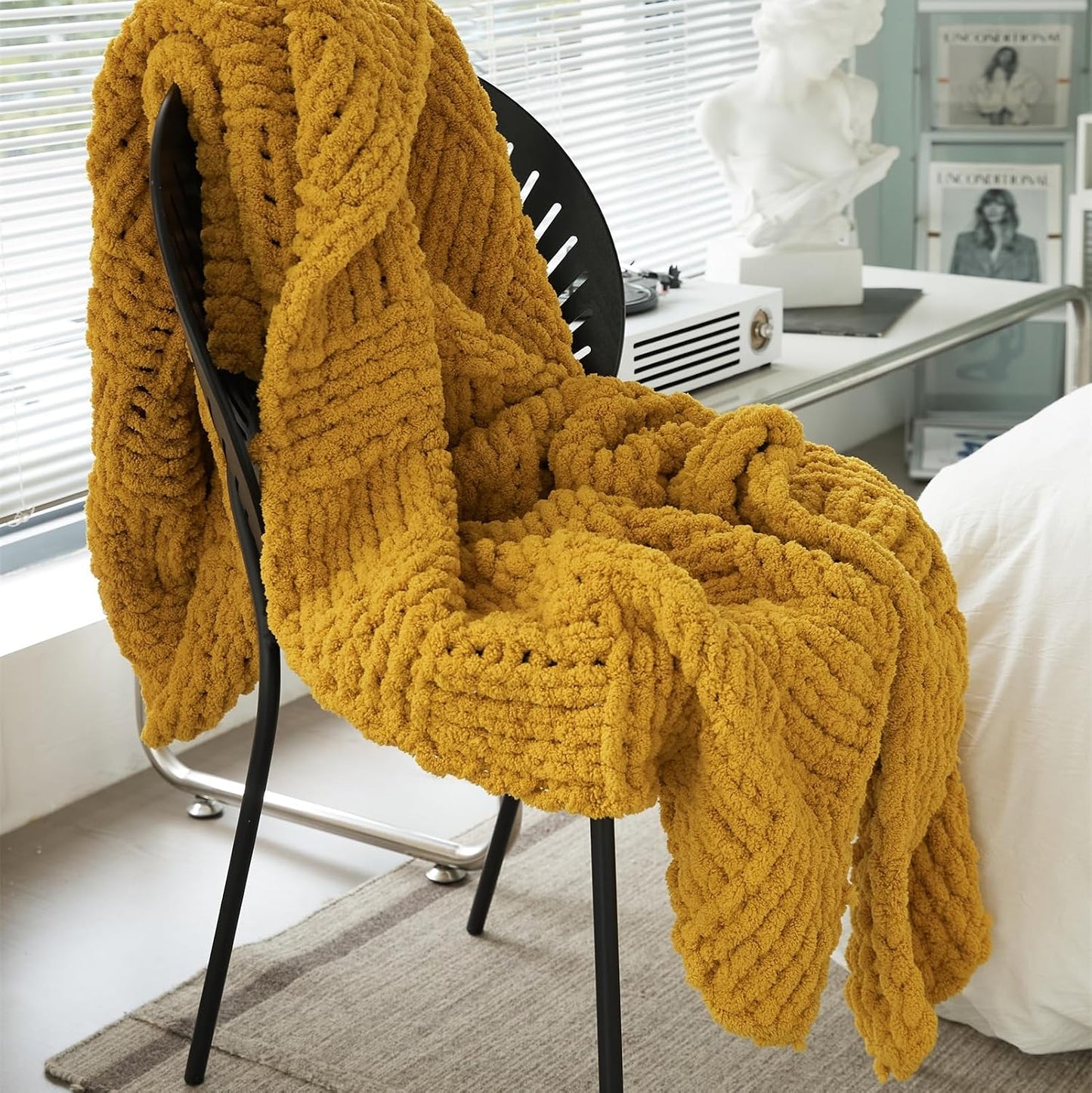 Chunky Knitted Throw Blanket,Chenille Manual Weaving Blanket,Warm and Soft Plush Grid Bed Scarf Foot Blanket for Couch Modern Style Home Decor White 60x80 Inches (Yellow, 47 x 47)