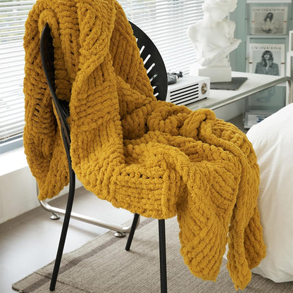 Chunky Knitted Throw Blanket,Chenille Manual Weaving Blanket,Warm and Soft Plush Grid Bed Scarf Foot Blanket for Couch Modern Style Home Decor White 60x80 Inches (Yellow, 47 x 47)