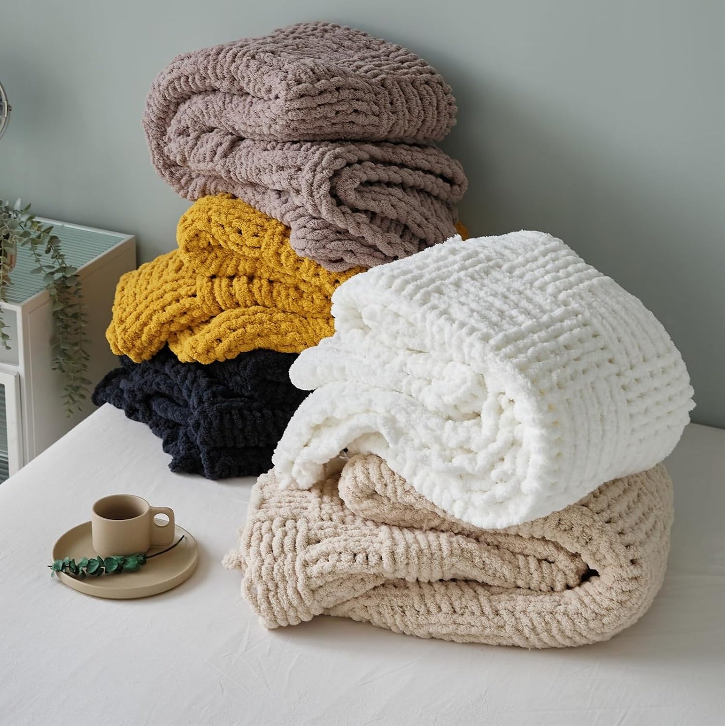 Chunky Knitted Throw Blanket,Chenille Manual Weaving Blanket,Warm and Soft Plush Grid Bed Scarf Foot Blanket for Couch Modern Style Home Decor White 60x80 Inches (Yellow, 47 x 47)