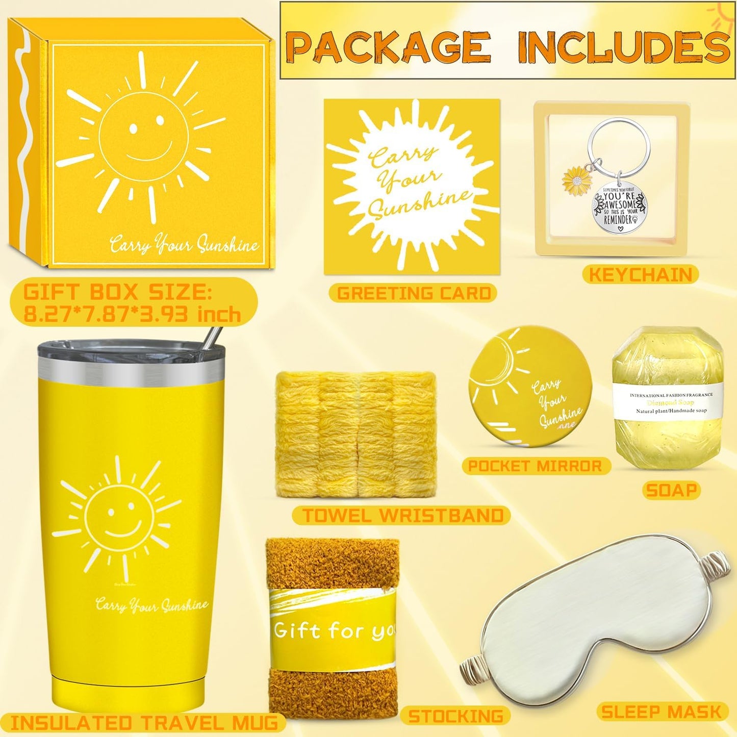 Yellow Get Well Gift Basket for Women – 9pc Sunshine Cheer Up Box | 20oz Tumbler,Socks,keychain, soap, wristband,sleep mask,blank card. Yellow box for sick friend, recovery, or just because.