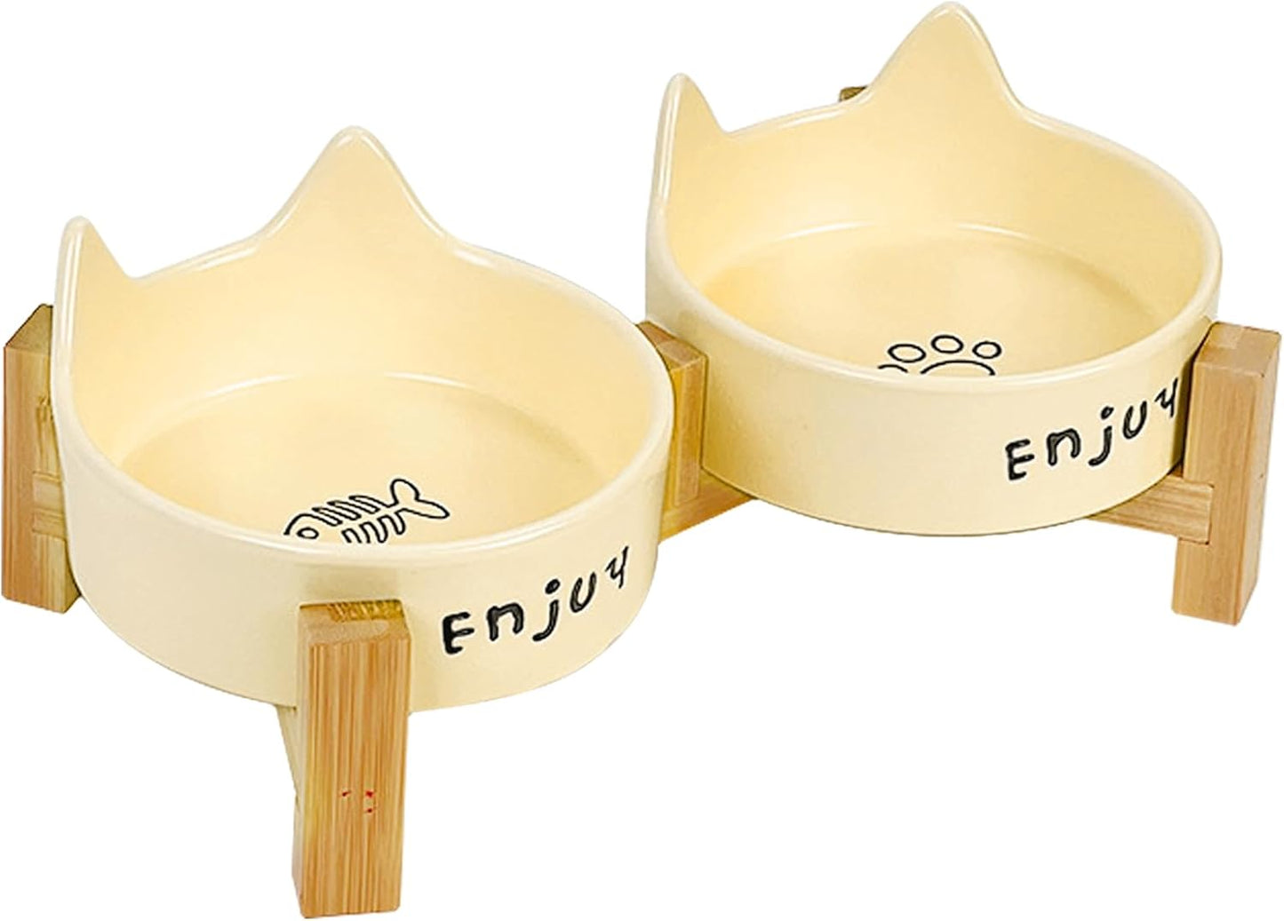 Ceramic Dog and Cat Bowl Set with Wooden Stand-Raised Non-Slip Bottom Weighted Matte Glaze Pet Feeder-Yellow Cat Ear-6.76 OZ