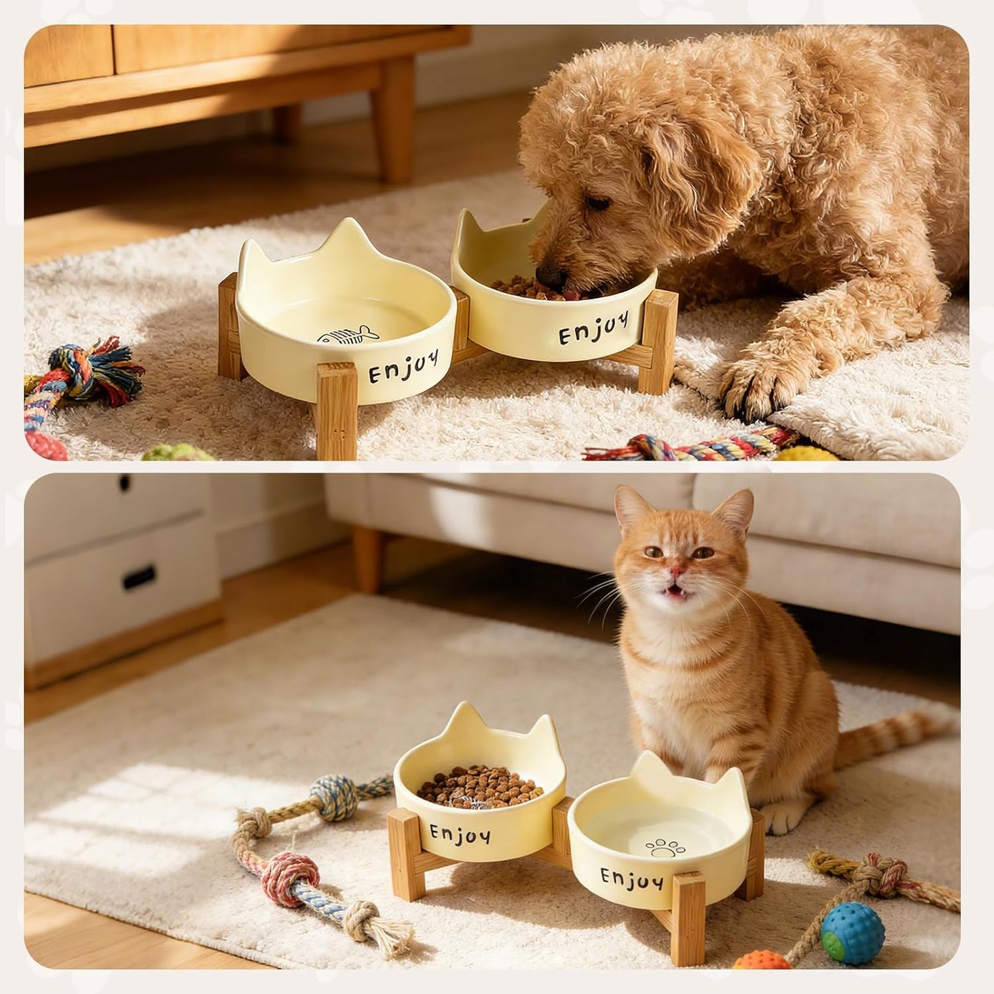 Ceramic Dog and Cat Bowl Set with Wooden Stand-Raised Non-Slip Bottom Weighted Matte Glaze Pet Feeder-Yellow Cat Ear-6.76 OZ