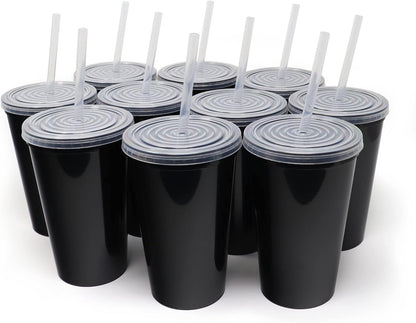 22 oz Reusable Plastic Cups with Lids, 10 Pack, USA Made Yellow Tumblers; Includes 10 Reusable Straws; Dishwasher Safe