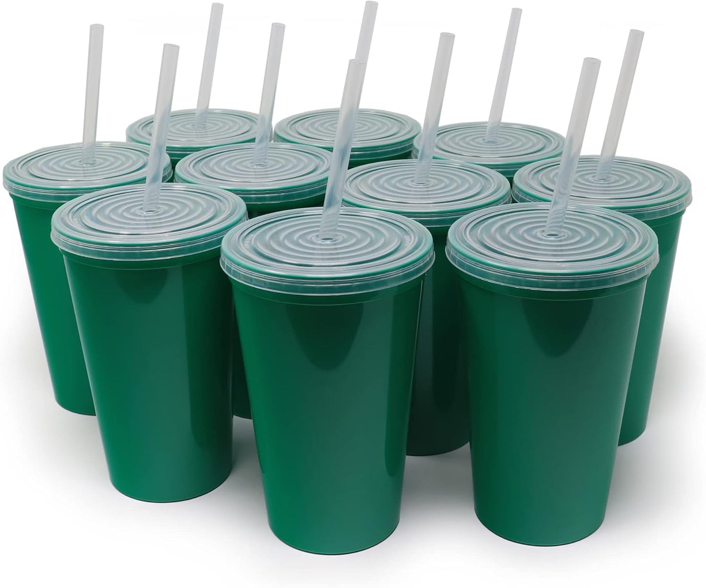 22 oz Reusable Plastic Cups with Lids, 10 Pack, USA Made Yellow Tumblers; Includes 10 Reusable Straws; Dishwasher Safe