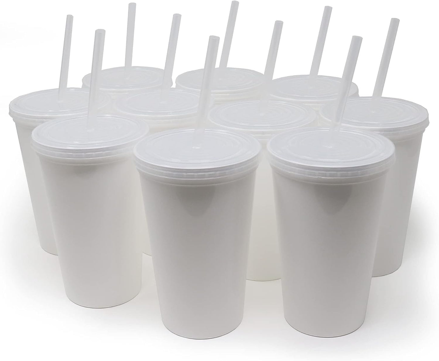 22 oz Reusable Plastic Cups with Lids, 10 Pack, USA Made Yellow Tumblers; Includes 10 Reusable Straws; Dishwasher Safe
