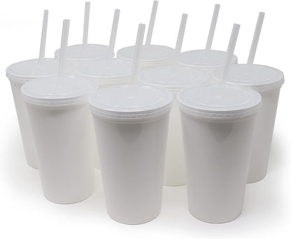 22 oz Reusable Plastic Cups with Lids, 10 Pack, USA Made Yellow Tumblers; Includes 10 Reusable Straws; Dishwasher Safe