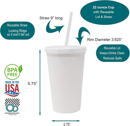 22 oz Reusable Plastic Cups with Lids, 10 Pack, USA Made Yellow Tumblers; Includes 10 Reusable Straws; Dishwasher Safe