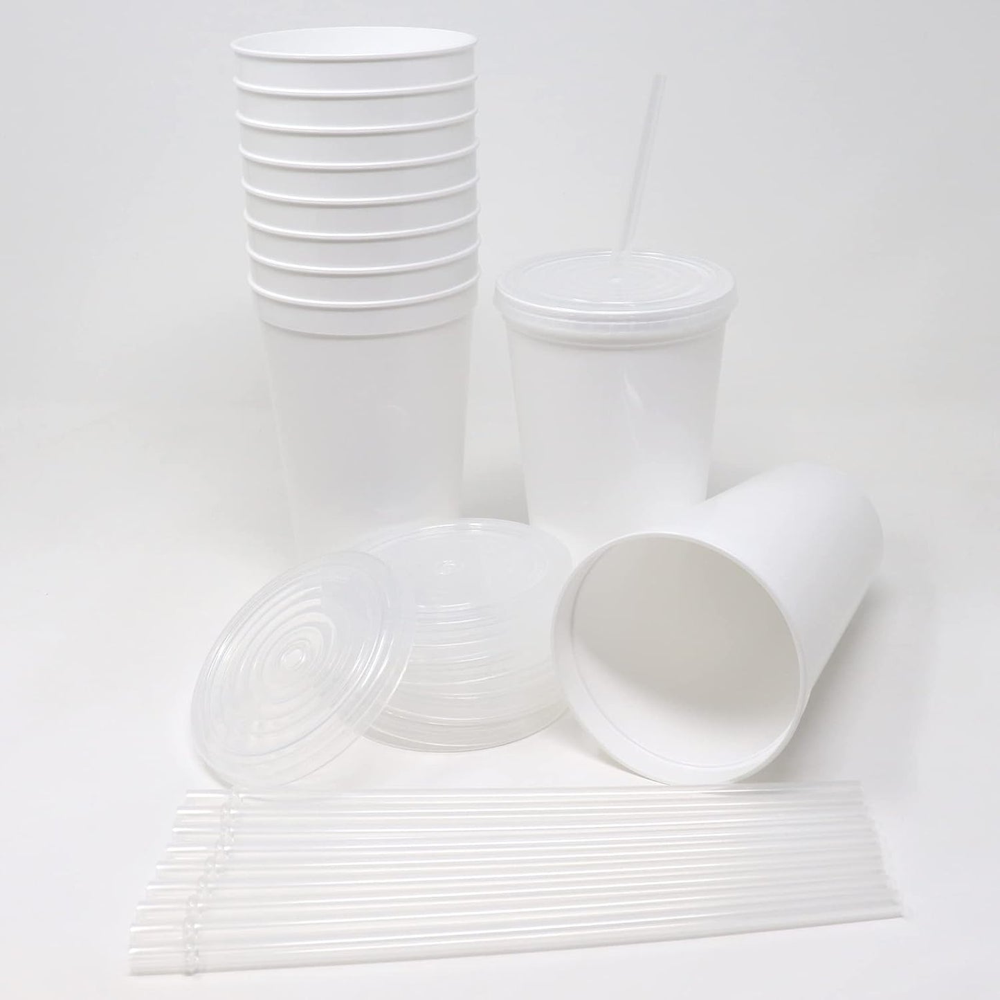 22 oz Reusable Plastic Cups with Lids, 10 Pack, USA Made Yellow Tumblers; Includes 10 Reusable Straws; Dishwasher Safe