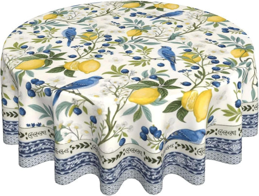 Chinoiserie Round Tablecloth 70 Inch Vintage Blue Green Floral Bird Table Cloth Lemon Flower Summer Table Covers Polyester Indoor Outdoor Farmhouse Tablecloths for Kitchen Dining Party Picnic