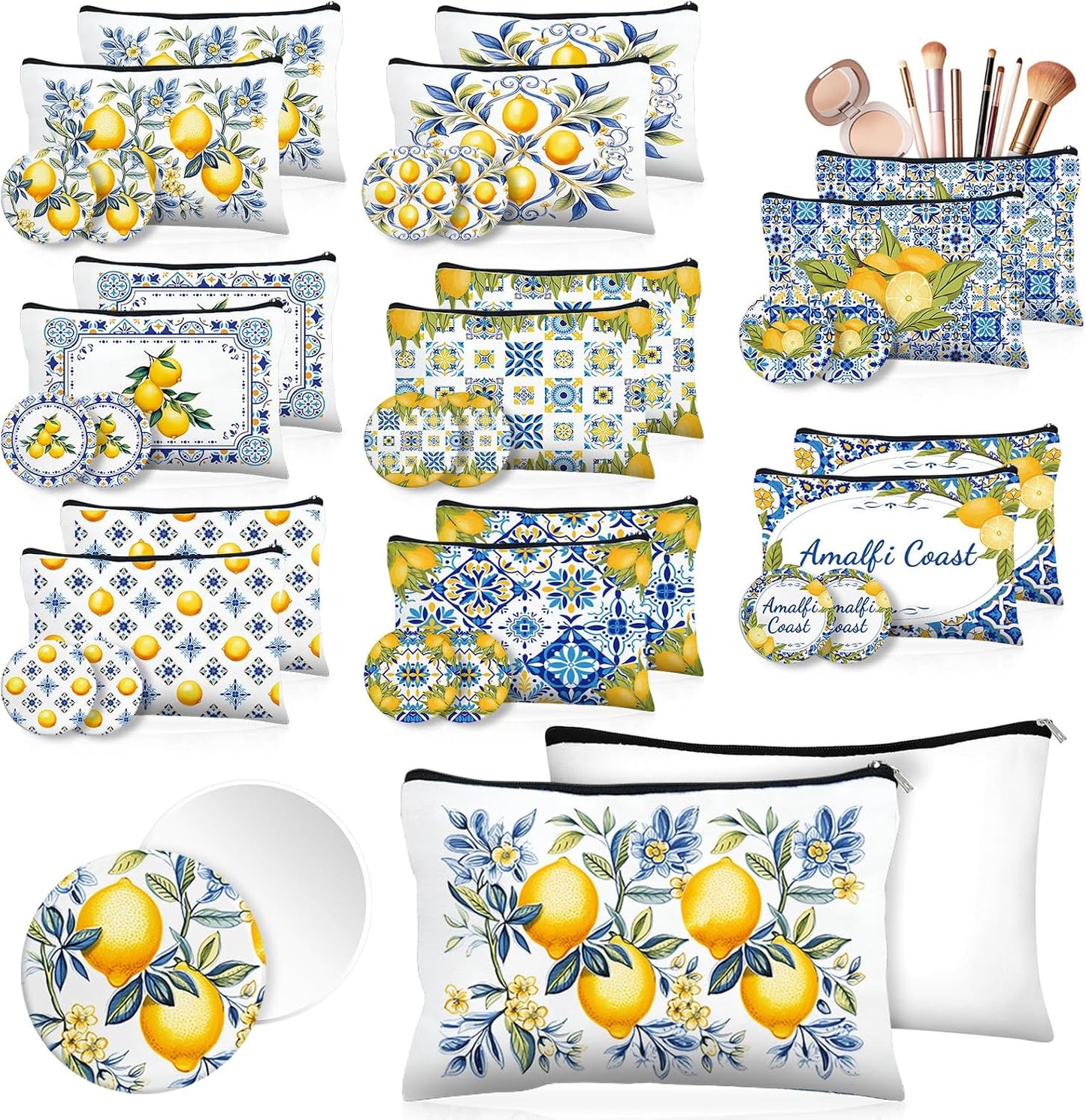 16 Pcs Lemon Party Favors Lemon Cosmetic Bags Mini Compact Mirror Bulk for Women Blue and Yellow Tiles Lemons Makeup Bags for Guests Amalfi Coast Wedding Bridesmaids Bridal Baby Shower Party Decors