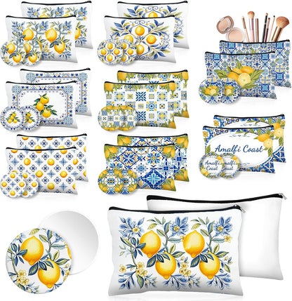 16 Pcs Lemon Party Favors Lemon Cosmetic Bags Mini Compact Mirror Bulk for Women Blue and Yellow Tiles Lemons Makeup Bags for Guests Amalfi Coast Wedding Bridesmaids Bridal Baby Shower Party Decors