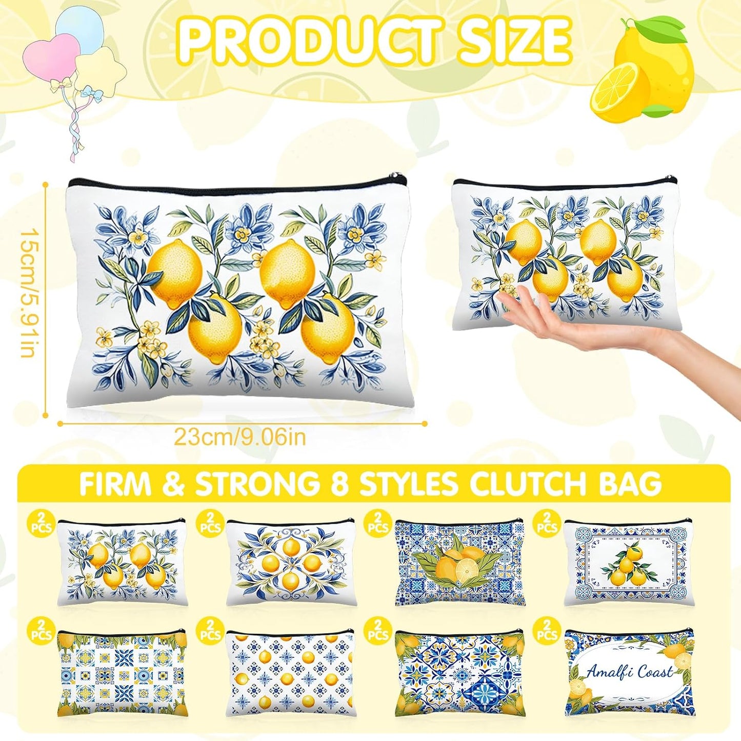 16 Pcs Lemon Party Favors Lemon Cosmetic Bags Mini Compact Mirror Bulk for Women Blue and Yellow Tiles Lemons Makeup Bags for Guests Amalfi Coast Wedding Bridesmaids Bridal Baby Shower Party Decors