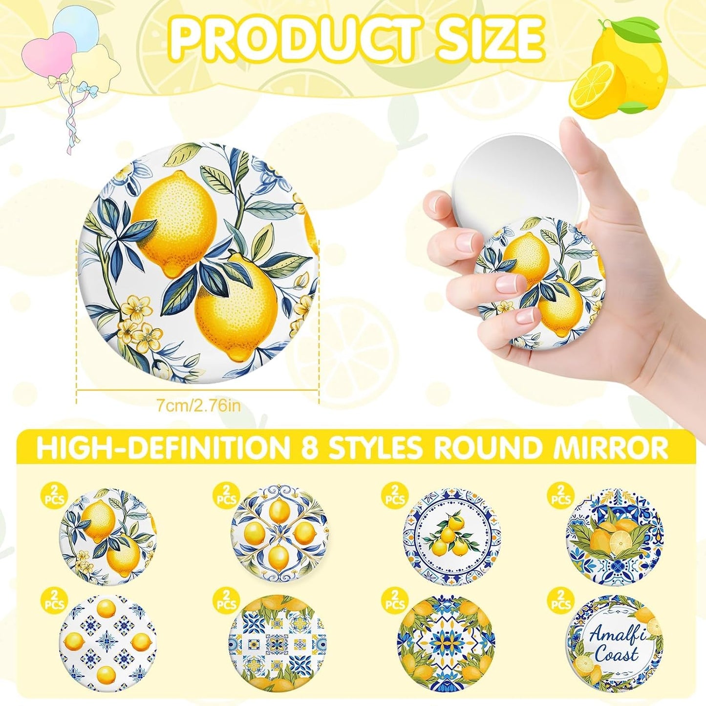 16 Pcs Lemon Party Favors Lemon Cosmetic Bags Mini Compact Mirror Bulk for Women Blue and Yellow Tiles Lemons Makeup Bags for Guests Amalfi Coast Wedding Bridesmaids Bridal Baby Shower Party Decors