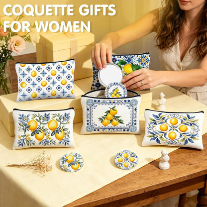 16 Pcs Lemon Party Favors Lemon Cosmetic Bags Mini Compact Mirror Bulk for Women Blue and Yellow Tiles Lemons Makeup Bags for Guests Amalfi Coast Wedding Bridesmaids Bridal Baby Shower Party Decors