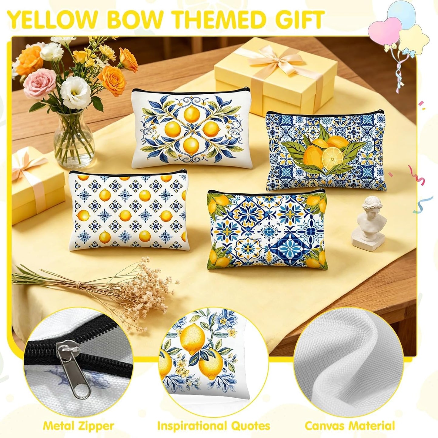 16 Pcs Lemon Party Favors Lemon Cosmetic Bags Mini Compact Mirror Bulk for Women Blue and Yellow Tiles Lemons Makeup Bags for Guests Amalfi Coast Wedding Bridesmaids Bridal Baby Shower Party Decors