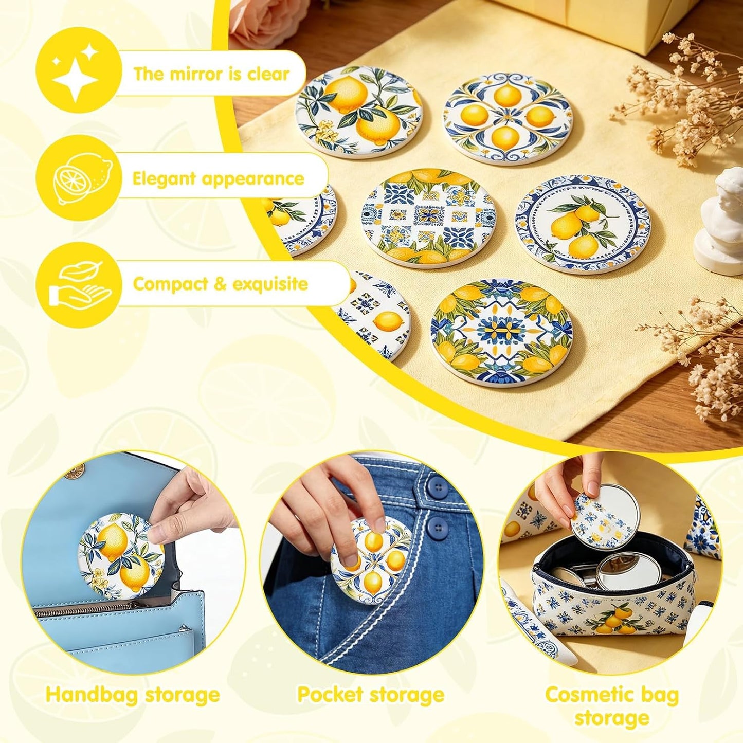 16 Pcs Lemon Party Favors Lemon Cosmetic Bags Mini Compact Mirror Bulk for Women Blue and Yellow Tiles Lemons Makeup Bags for Guests Amalfi Coast Wedding Bridesmaids Bridal Baby Shower Party Decors