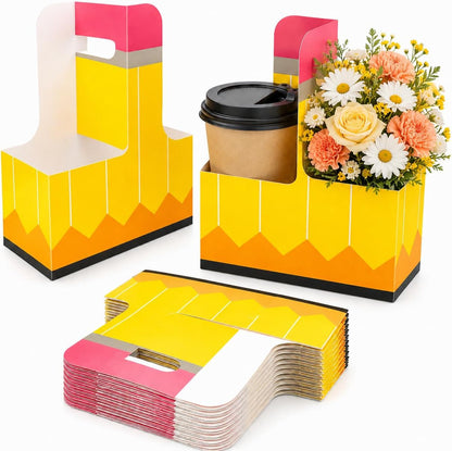 24 Pcs Back to School Teacher Gifts 2 Cup Drink Carrier Pencil Pattern Disposable Cup Holders with Handle Pencil Shaped Gift Box for Teacher Party Decorations Gift Supplies
